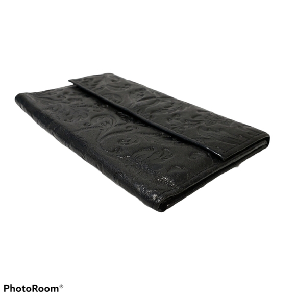 Vintage Embossed Leather Black Floral Tri Fold Wallet Snap Closure Flower Clutch - Picture 6 of 8